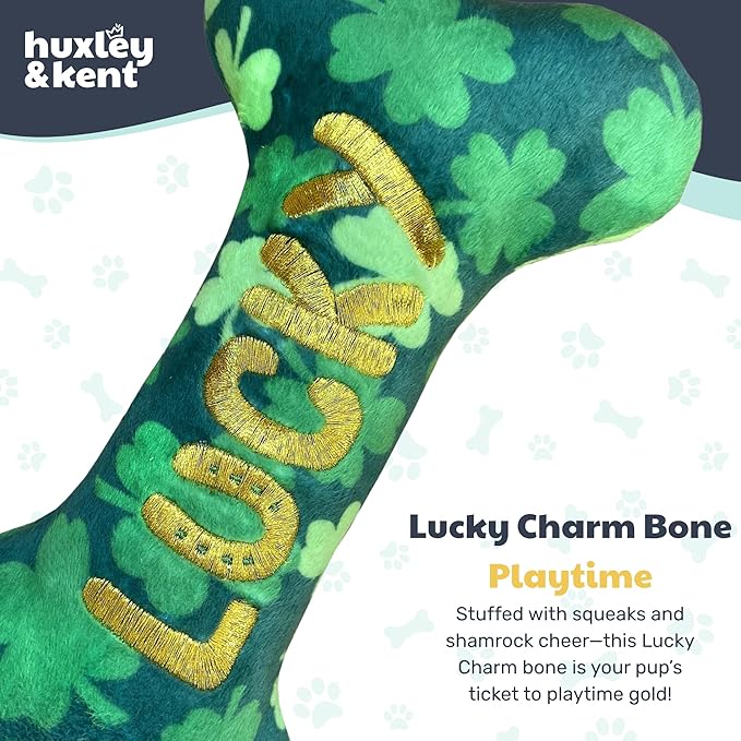 Huxley & Kent Funny Dog Toy w/Squeaker – St. Patrick's Day Power Plush Squeaky Dog Toys for Small, Medium & Large Dogs – Soft Stuffed Animal for Indoor Play & Fetch - Lucky Charm Bone, Small