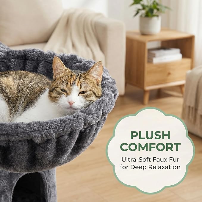 74" Heavy Duty Cat Tree for Indoor Cats, Sturdy Cat Tower for Large Cats Adult, Big Cat Tree with 6 Sisal Scratching Posts, 2 Big Condos, 2 Dual-Ear Hanging Baskets, Enlarged Top Perch, Dark Grey