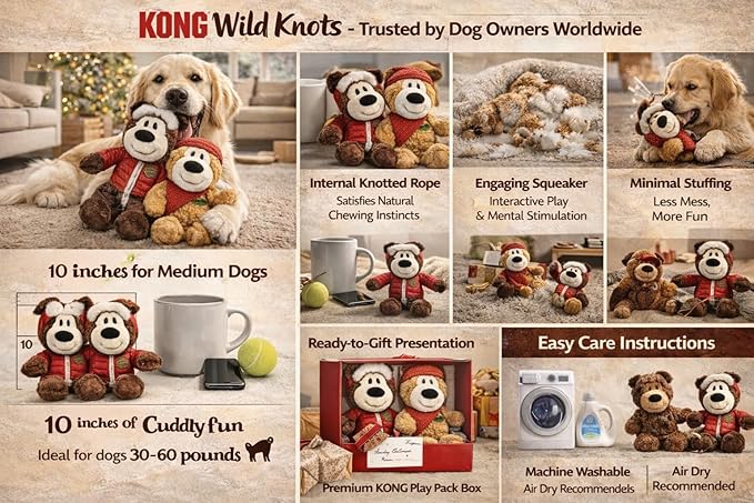 Kong Dog Toys 2-Pack Wild Knots Bears - Durable Plush Squeaker Toys with Internal Rope, Minimal Stuffing, Gift Box for Medium Dogs