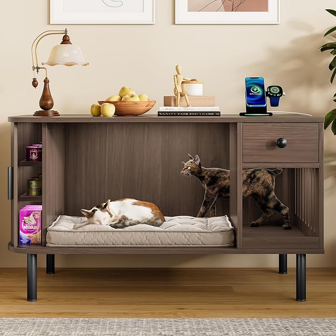 Merax 37.4" Cat Litter Box Enclosure with Sliding Door & Charging Station, Wooden Hidden Litter Box Enclosure Furniture w/Storage Drawer, Modern Indoor Cat House, TV Stand for Living Room, Brown