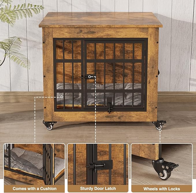 Halitaa 27.1" Dog Crate Furniture with Cushion and Wheels, Wooden Dog Kennel Indoor for Small Dogs, Farmhouse Pet Cage for Anxiety Dog, Rustic Brown (27.1" L x 17.9" W x 24.8" H)
