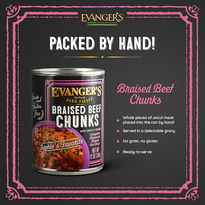 Evanger's Heritage Classics Hand Packed Braised Beef Chunks Dog Food – 12 Count, 12 oz Each – Hand-Packed Tender Beef Chunks with Gravy & Vegetables – Grain & Gluten Free Wet Dog Food