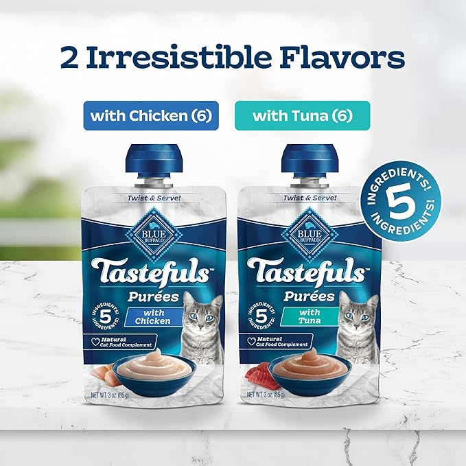 Blue Buffalo Tastefuls Purées Variety Pack, Natural Cat Food Complement, Resealable Twist Cap Pouches, Chicken and Tuna, 3-oz (12 Count, 6 of Each Flavor)