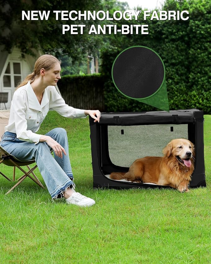 42 x 31 x 31 Inch Collapsible Soft Dog Crate for Dogs Up to 90 lbs, Portable Travel Pet Kennel with 4 Zip Doors, Foldable Indoor Outdoor Crate with Mat, Carry Bag, Black