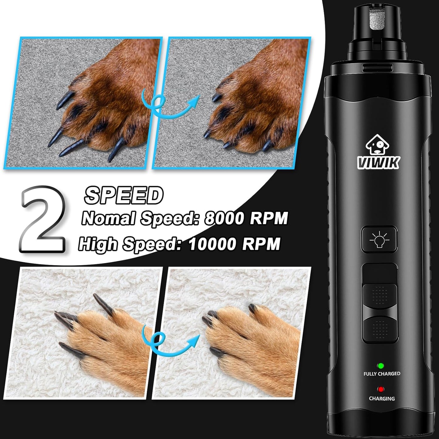 VIWIK Dog Nail Grinder, Dog Nail Trimmers for Large Medium Small Dogs & Cats, Super Quiet Electric Pet Nail Clippers Kit with Light, 2-Speed USB Rechargeable Pet Paws Grooming Tool Black