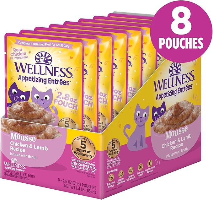 Wellness Appetizing Mousse Flaked Adult Wet Cat Food, Natural, Protein Rich, Grain Free, Chicken and Lamb Recipe, 2.8 oz, Pack of 8 Pouches