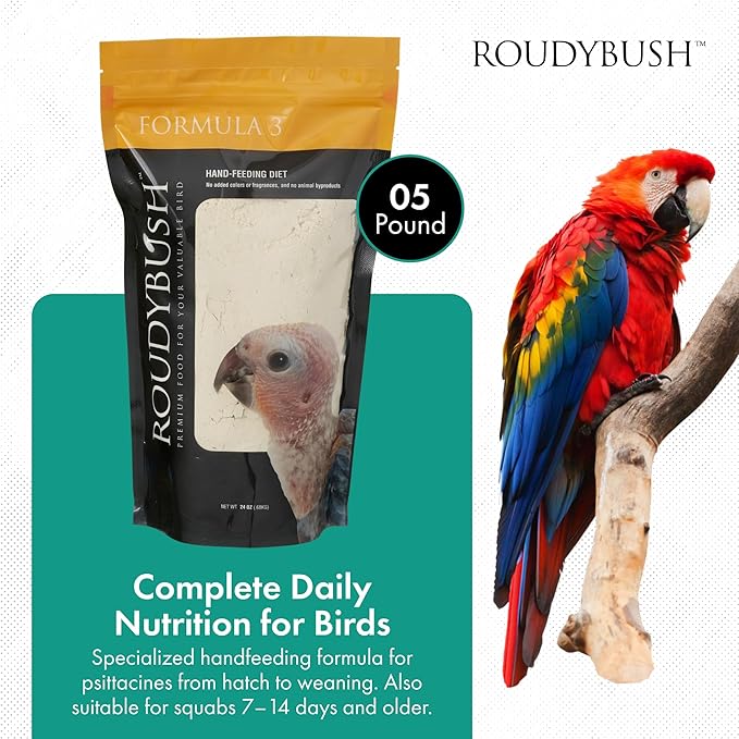 Roudybush Formula 3 Baby Bird Food - Hand feeding Baby Bird Formula for Newborn Psittacines & Squabs - Scientifically Formulated Chick Enrichment - Nutritious & Healthy Feed for Birds (5lb)