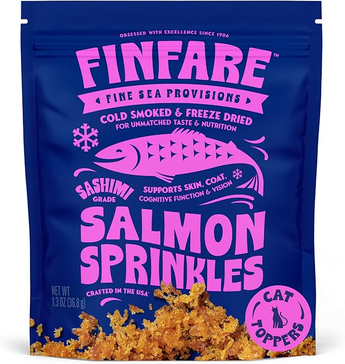Finfare Freeze Dried Cat Food Toppers, Salmon Sprinkles, Grain Free Meal Toppers for Cats to Support Taste & Nutrition - High Protein & Omega-3s, Crafted in USA, 1.3oz