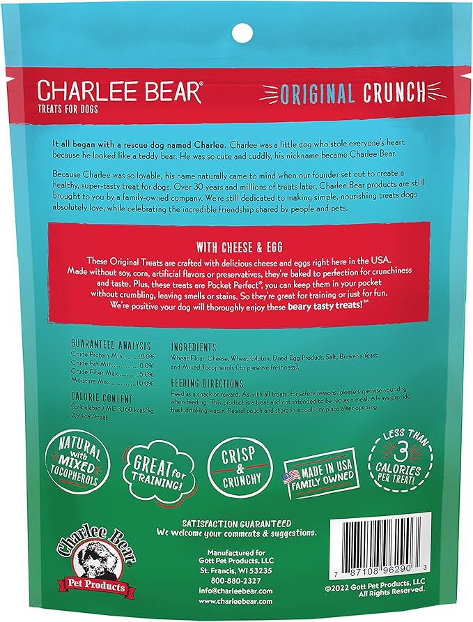 Charlee Bear Original Crunch Dog Treats, Cheese and Egg, 16 Ounce Resealable Bag, Low Calorie Training Treats for Dogs, Limited Ingredient, Healthy, Crunchy Dog Snacks, Made in USA (Pack of 2)