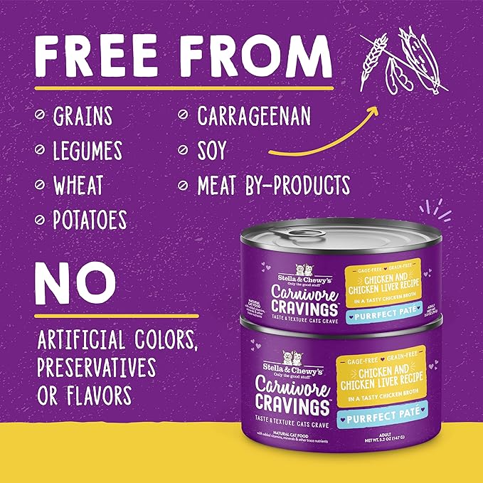 Stella & Chewy's Carnivore Cravings Purrfect Paté - Premium Grain-Free Wet Cat Food - Chicken & Liver Recipe - High Protein with Bone Broth - Perfect for Picky Eaters - 2.8oz Cans (12 Pack)