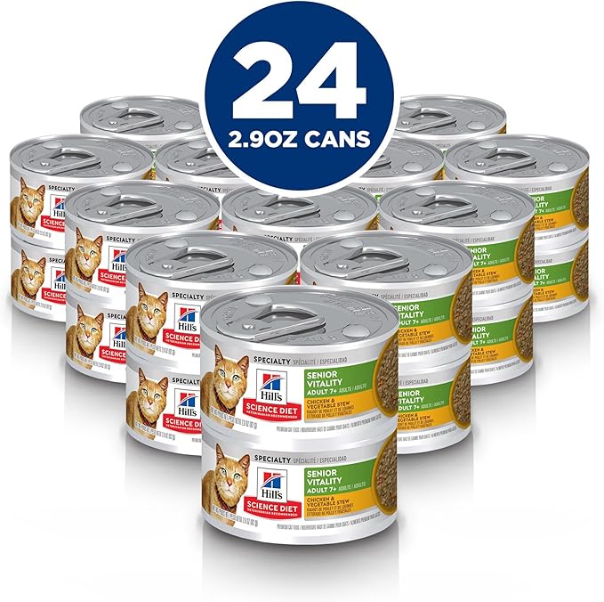 Hill's Science Diet Adult 7+ Senior Vitality Wet Cat Food, Chicken & Vegetable Stew, 2.9 oz. Cans, 24-Pack