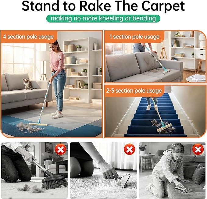 Carpet Rake for Pet Hair Removal Tool, 2 in 1 TPU and Copper Rake Teeth Uproot Clean Hair Remover with 63’’ Adjustable Long Handle,Reusable Cat & Dog Fur Broom for Carpets,Rugs, Mats