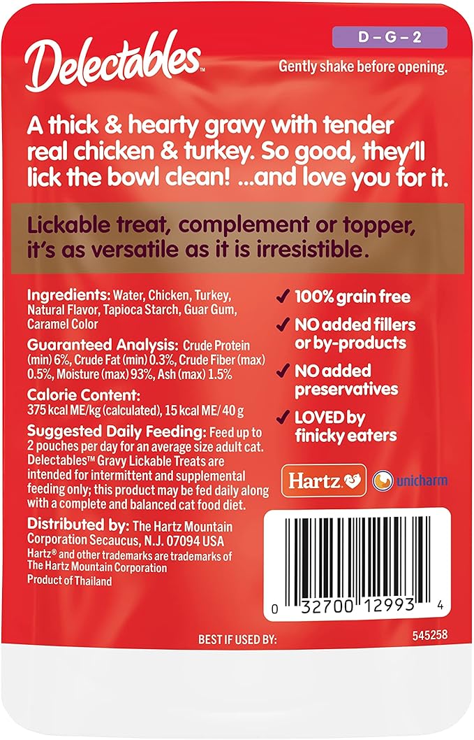 Delectables Lickable Treat Gravy Non-Seafood Wet Cat Treat with Real Chicken & Turkey, Food Topper, Hydrating, Grain-Free, No Fillers, By-Products, Added Preservatives, 1.4oz Pouch, 12ct