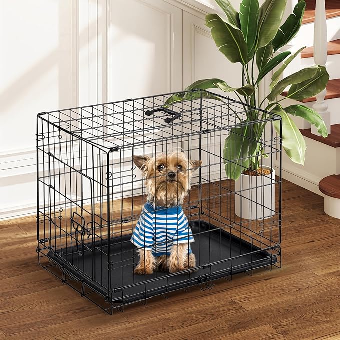 DUMOS Dog Crate, 24 Inch Small Single Door Dog Cage with Plastic Leak-Proof Pan Tray, Folding Metal Wire Pet Kennel for Indoor, Outdoor, Travel