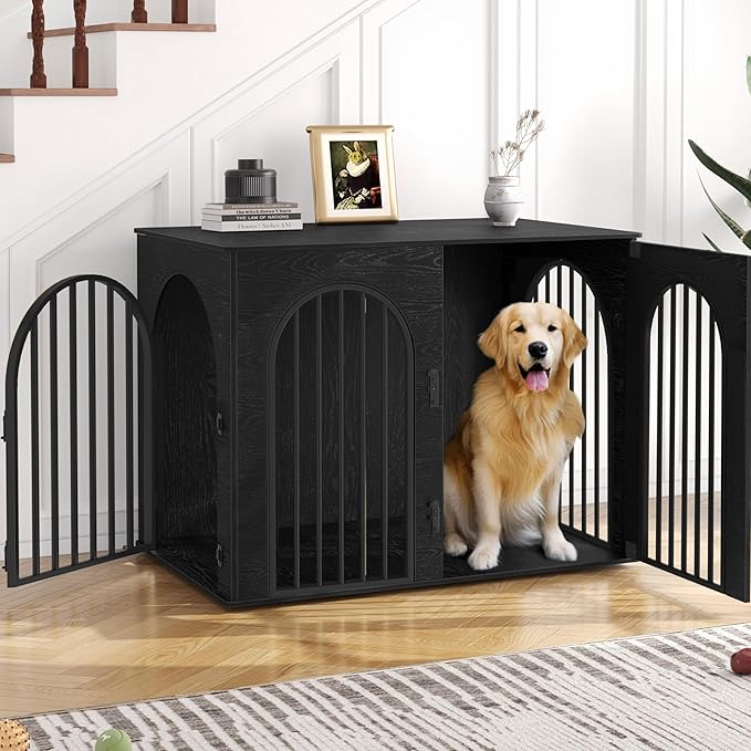 Hzuaneri 44.1" Wooden Dog Crate Furniture, Indoor Dog Kennel Dogs Cage for Small/Medium/Large Dogs, Heavy Duty Dog Crates Decorative Pet House End Side Table TV Stand, Black DFC83904B