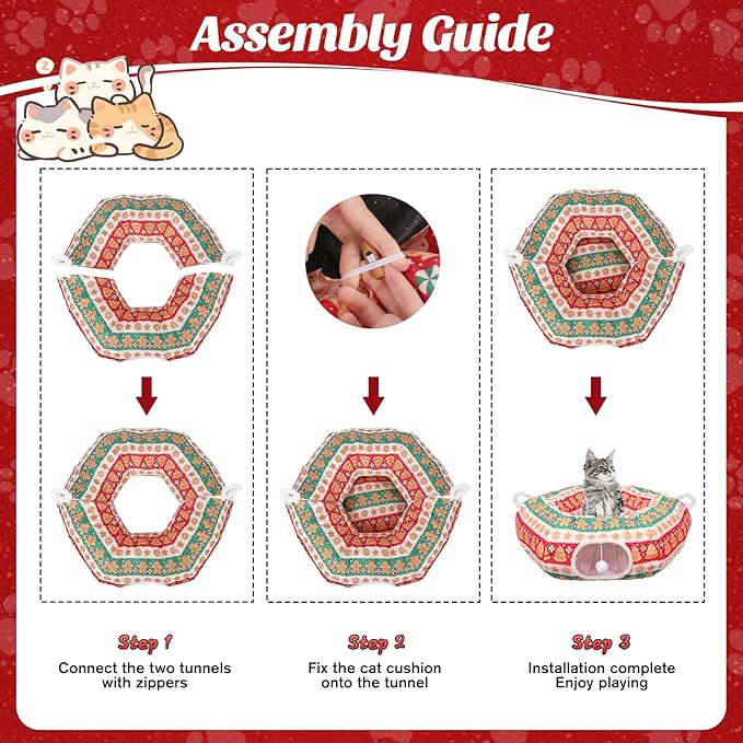 Christmas Tree Cat Tunnel, Soft Cat Tunnels for Indoor Cats with Middle Cushion, Cute Pet Donut Cave Bed Play Toys, Xmas Tree Decorations Protector Gifts