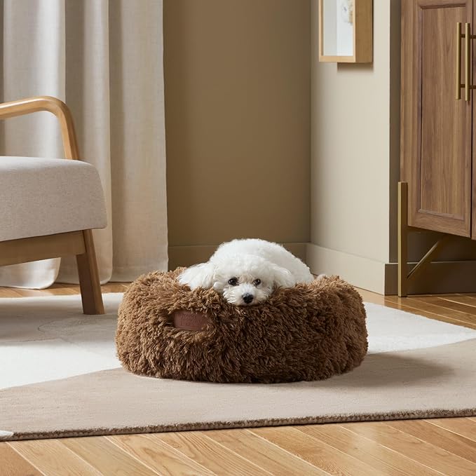 Town & Country Luxe CuddleTown Fuzzy Solid Donut Pet Bed, Soft, Cozy & Calming, Non-Slip Bottom, 100% Machine Washable, Dark Grey, XS 19"x19"x7" Round