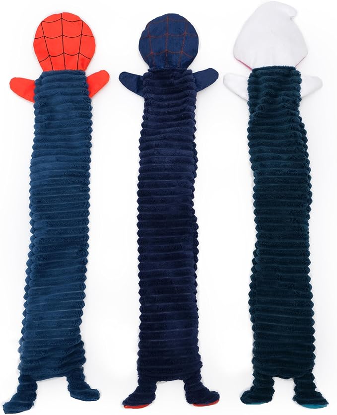 ZippyPaws Marvel Skinny Peltz Bulk 3-Pack - Spider-Man, Miles Morales, & Spider Gwen - No Stuffing Squeaky Dog Toys, Unstuffed Chew Toy for Small & Medium Breeds, Flat Puppy Toys Multi-Pack of 3