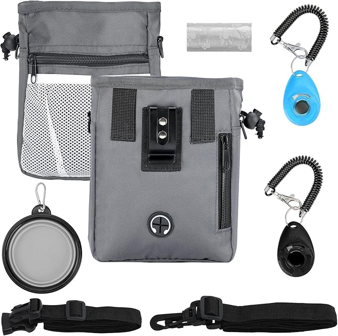 Dog Treat Pouch for Pet Training, 3-Way Wear Training Bag with 2 Clickers, Collapsible Bowl & Poop Bag, Large Capacity Dog Training Kit with Adjustable Waist Belt/Shoulder Strap for Walking