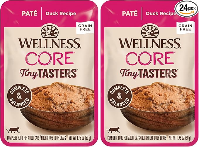 Wellness CORE Tiny Tasters Pate Adult Wet Cat Food,Natural,Protein-Rich,Grain Free,1.75-Ounce Pouch,(Duck),(Pack of 24)