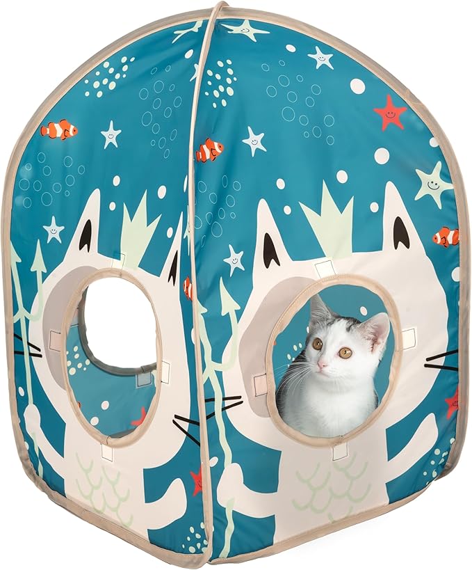 Kitty City Ocean-Themed Cat Play Furniture Set, Collapsible Pop-Up Cat Toys Combo with Cube, Tunnel & House, Indoor Cat Playground for Play, Hiding & Lounging