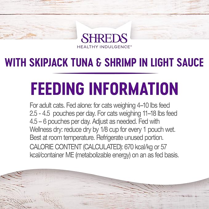 Wellness Healthy Indulgence Shreds Adult Wet Cat Food, Natural, Protein Rich, Grain Free, Tuna and Shrimp Recipe, 3 oz, Pack of 24 Pouches
