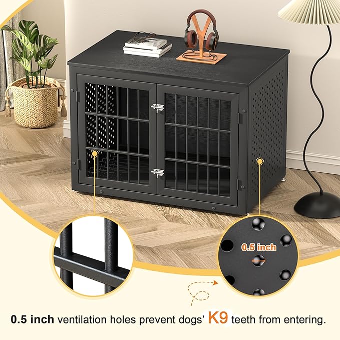 rehomerance 38" Heavy Duty Dog Crate Furniture for Large and Medium Dogs,Wooden Metal Kennel for High Anxiety Dogs, Chew Proof Pet Cage Indoor, Decorative Dog Kennel End Table