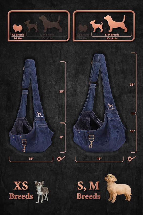 Noah & Paw Dog Sling Carrier for Small Dogs 3-10lb, Dog Sling for Small Dogs and Cats, Dog Carrier with Adjustable Padded Strap, Premium Denim, Lined with Fur, Double Safety Feature, Machine Washable