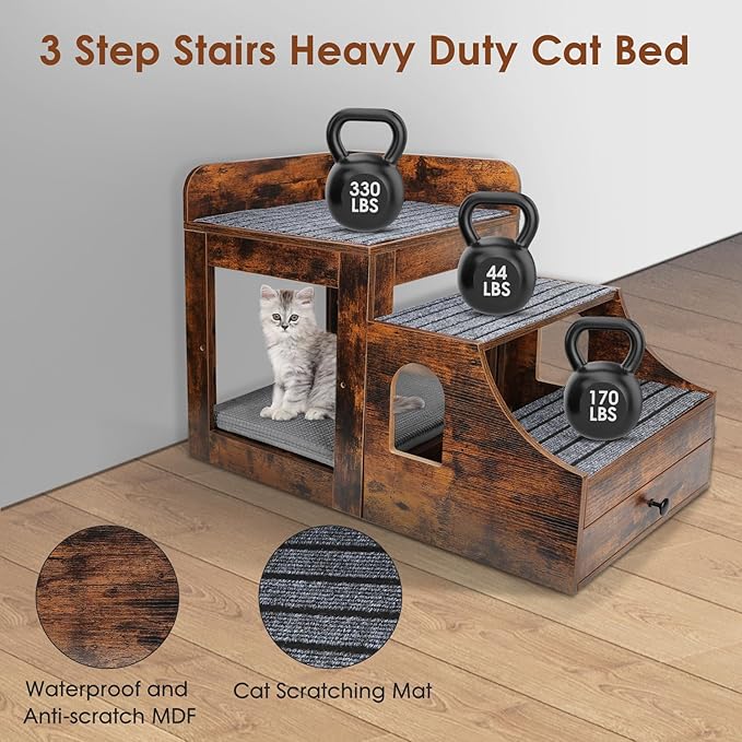 Cat Window Perch with Removable Stairs, Large Pet Bunk Bed with Drawer and Cushion for Cats and Dogs, Strong Frame Pet Bed for Bedside, Home, Indoor, Rustic Brown