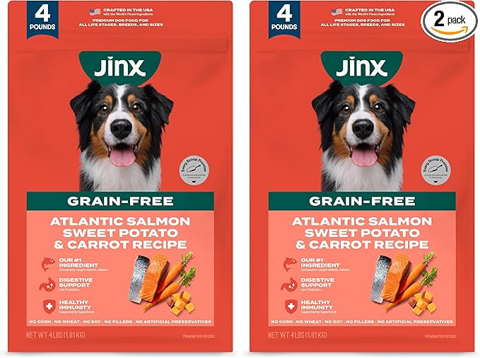 Jinx Premium Grain-Free Dry Dog Food, for All Lifestages - Real Salmon, Sweet Potato & Carrot Puppy Kibble with Superfoods for Immune Support & Probiotics for Digestive Support - No Fillers - 4lb