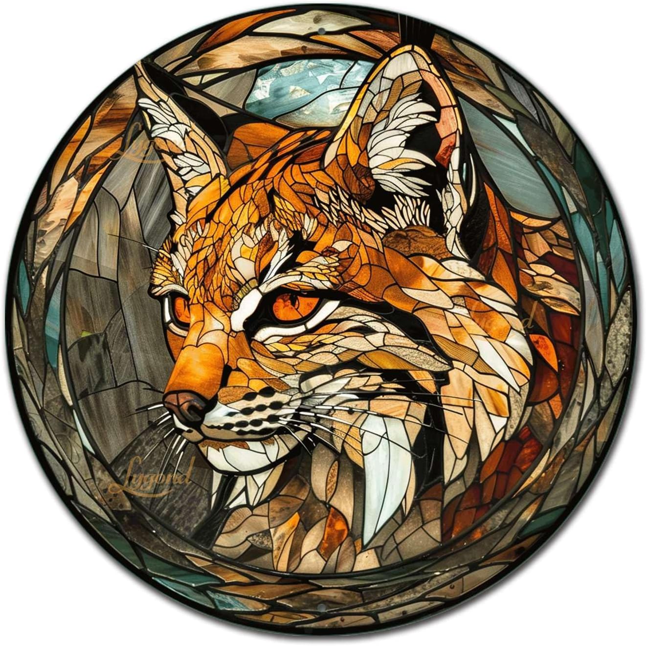 Lygond Metal Sign Tin Sign Circular Stained Glass Bobcat Funny Gardening Gift for Pet 12×12 Inches