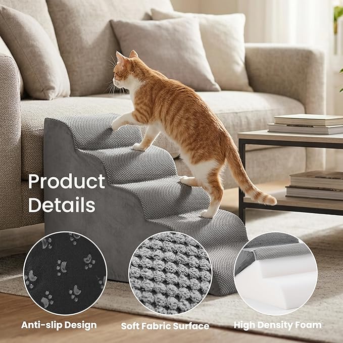 HealSmart Dog Stairs for Small Dogs, 5-Step Curved Design Pet Steps for Puppies & Senior Cats, High-Density Foam Indoor Non-Slip Ladder, Perfect for Sofa Couch and Chair Furniture Access, Gray