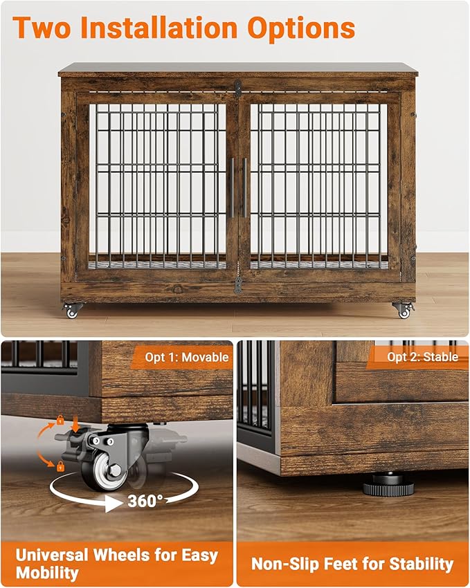 YaFiti Dog Crate Furniture with Cushion, Wooden Dog Kennel Indoor with Double Doors, Dog Cage with Wheels, Dog House Side End Table for Large Dogs up to 85 lb, 44" L, Rustic Brown