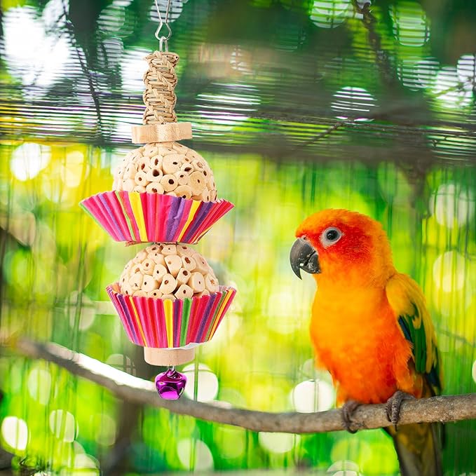 BESTonZON Parrot Chewing Hanging Bird Cage Accessory with Natural Rattan and Two Shreddable Balls for Parakeets and Small Birds to Chew and Play