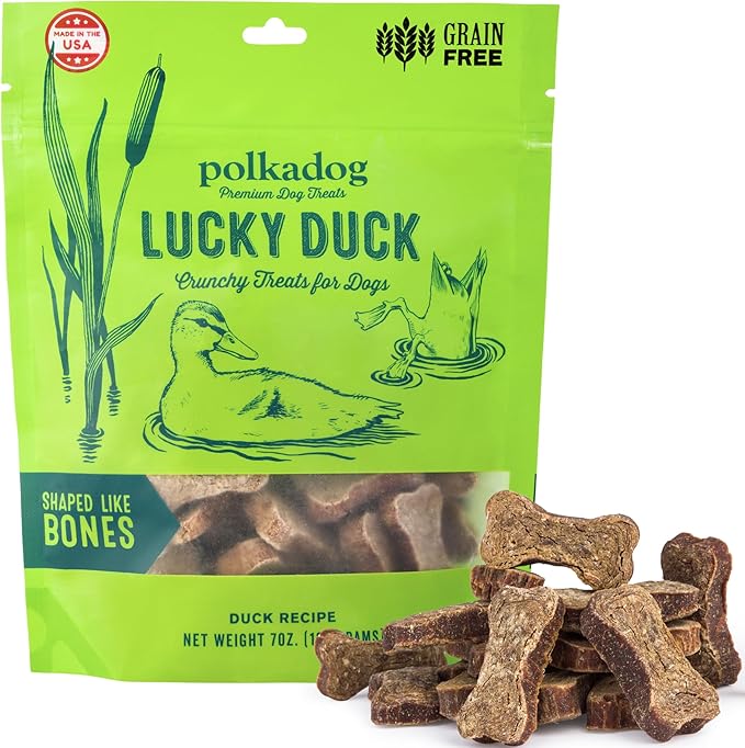 Polkadog Lucky Duck Bone Shaped Dog Treats - Duck, Crunchy, All Natural, Limited Ingredient, Lean Protein & Grain Free Snacks for Dogs, Great for All Breeds, Made in USA - 7oz