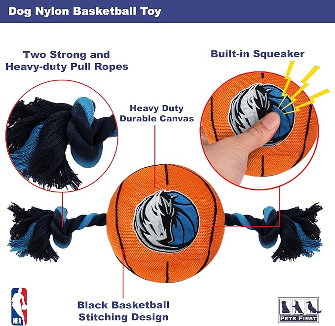 Pets First NBA Dallas Mavericks Basketball Toy. - Tough Nylon Pet Toy with Tug Ropes & Inner Squeaker, One Size, MAV-3105