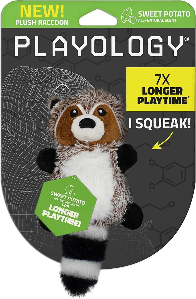 Playology Dog Toys | Plush Racoon Stuffed Animal for Dogs | Sweet Potato Scented Small Squeaky Toy | Plush Chew Toy for Dogs