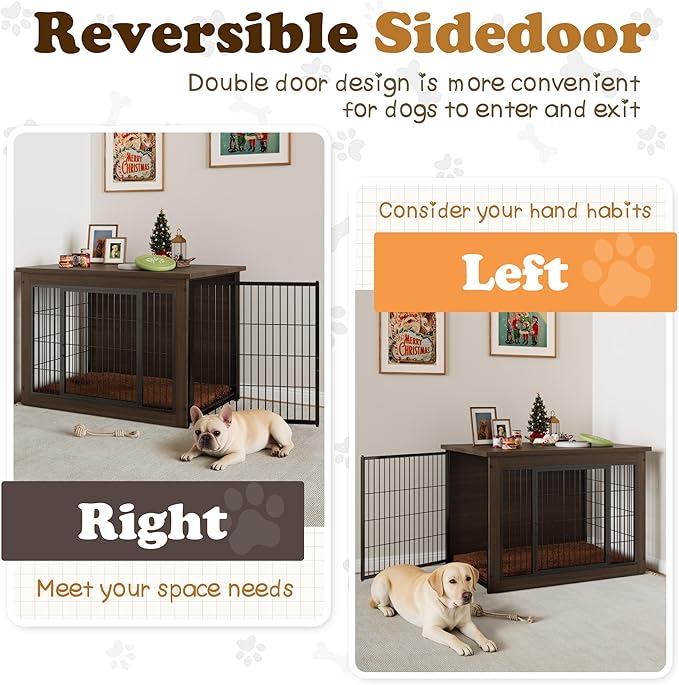Dog Crate Furniture with Thick Cushion, Side End Table Wooden Dog Cage with Double Doors, Chew-Resistant Dog Kennel Dog House Indoor for Small to Large Dog