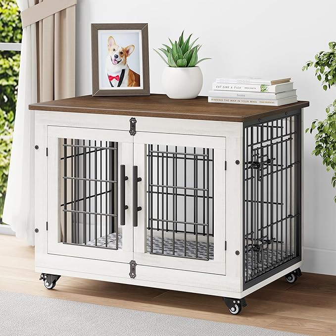 YaFiti Dog Crate Furniture with Cushion, Wooden Dog Kennel Indoor with Double Doors, Dog Cage with Wheels, Dog House Side End Table for Small Medium Dogs up to 45 lb, 32.5" L, White