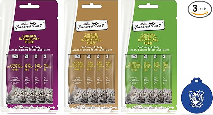 Lickable Cat Treat Puree in Goat Milk 3 Chicken Flavors Treat Bundle (3 Four-Tube Packs, 12 Tubes Total, 0.5 Oz per Tube) Plus Shaynanigans Silicone Lid Lickable Cat Treat Puree Grain Free