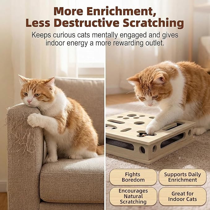 Cat Scratch Puzzle Box, Cat Nail File Box, Cat Enrichment Toy for Indoor Cats, Solid Wood Treat Puzzle Maze with Built-in Sandpaper, Stable Lock-Fit Interactive Claw Care Toy