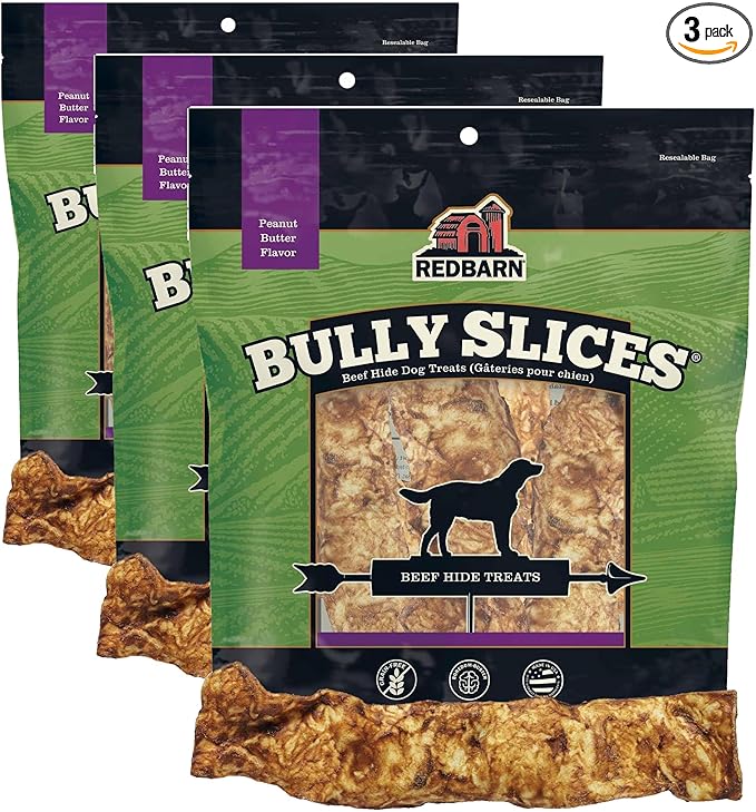 Redbarn Pet Products All-Natural Rawhide Bully Slices - Peanut Butter Flavor - Premium Grain-Free Beef Hide Treats High Protein Low Fat for Chewers - 9 oz Bag (Pack of 3)