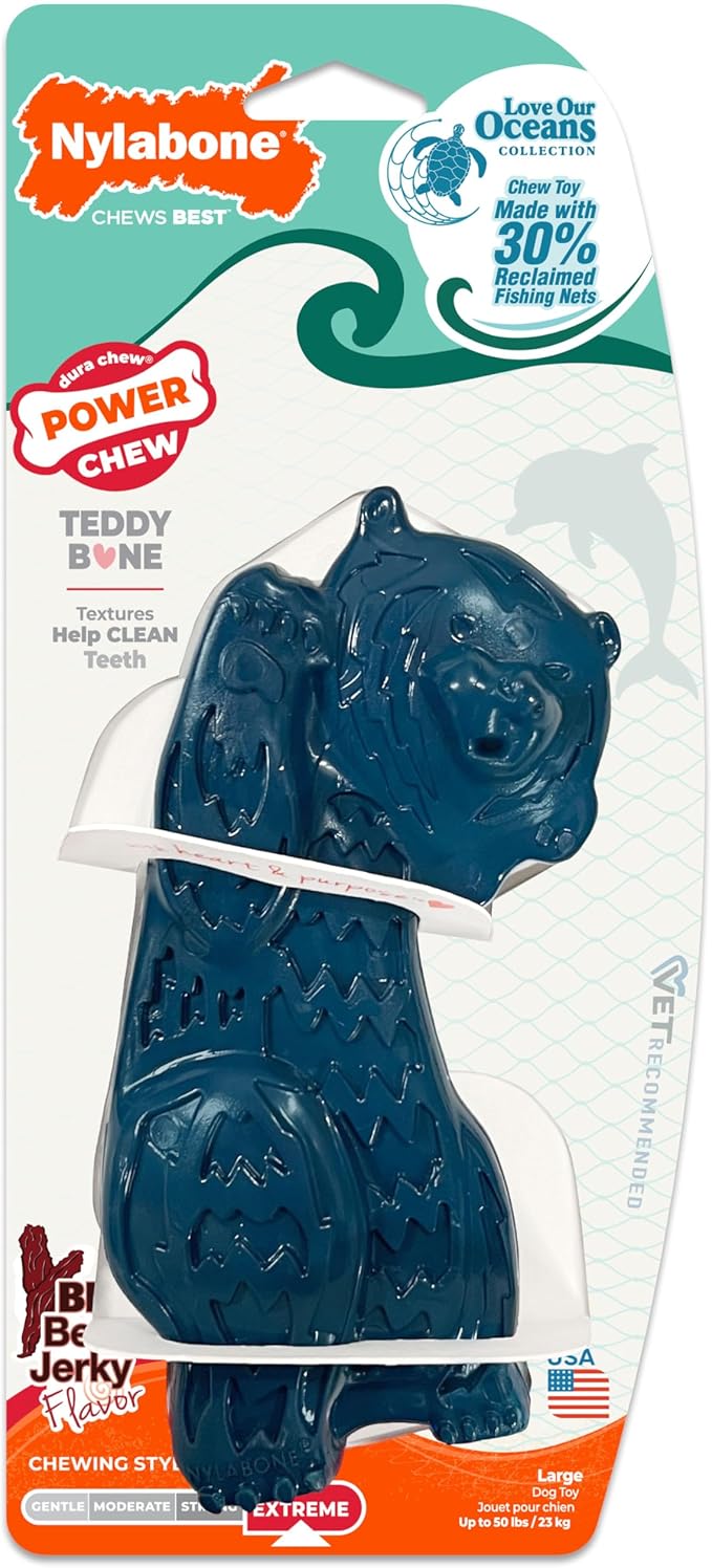 Nylabone Love Our Oceans Teddy Bear Power Chew Toy for Dogs, Recycled & Sustainable Dog Chew Bones, Made in USA, Beef Jerky Flavor, Large Dog Toys - Up to 50 lbs, 1 Count