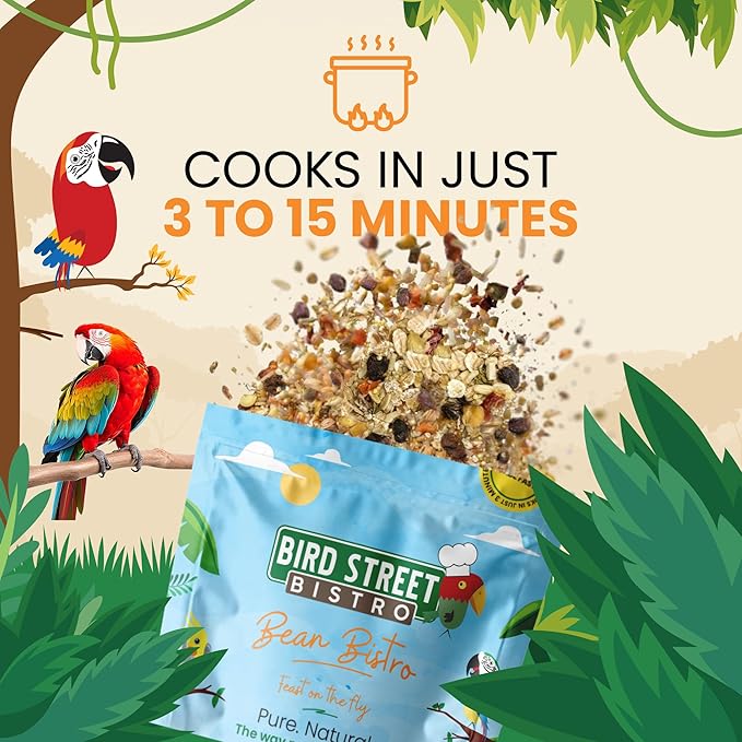 Bird Street Bistro Parrot Food - Parakeet & Cockatiel Food - Cooks in 3-15 min w/Natural Whole Grains, Legumes, Non-GMO Fruits, Vegetables & Health-Oriented Spices