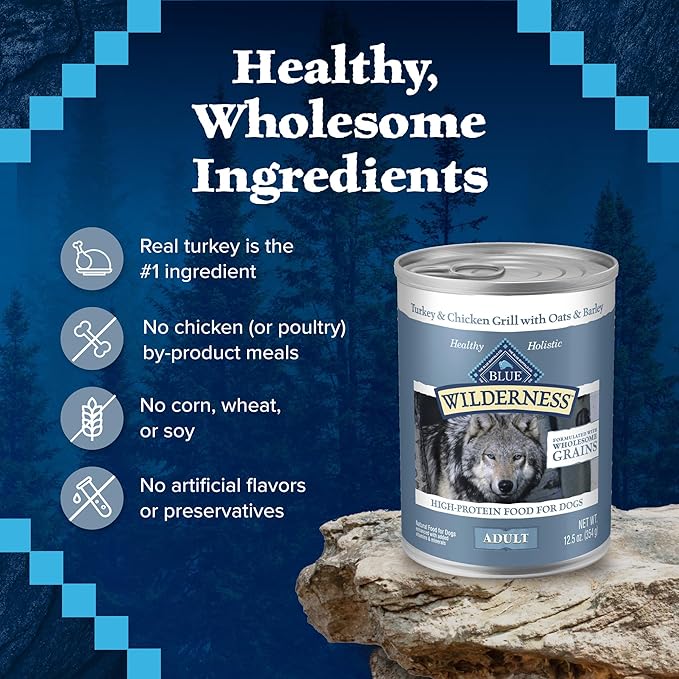 Blue Buffalo Wilderness Natural High Protein Wet Food for Adult Dogs, Turkey & Chicken Grill WITH WHOLESOME GRAINS, 12.5-oz Cans, 12 Count