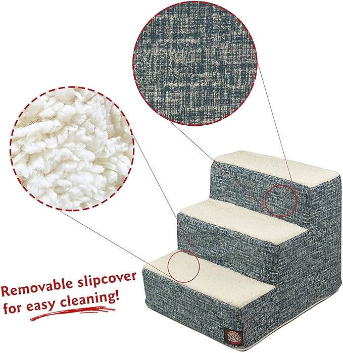 Majestic Pet 3 Step Portable Dog Stairs for Small Dogs to get on Bed Supports 250 lbs or Less – Dog Steps for High Bed with Machine Washable Cover Pet Stairs for Cats Palette Heathered Navy Blue Denim