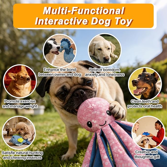 Recycled Canvas Octopus Squeaky Dog Toy for Chewers Puppy Teething Chew Toy Cute Pink Blue Stuffed Animal Durable Interactive Dog Squeak Toy for Small Medium Large Dogs Toy Gift 26cm/10.24in