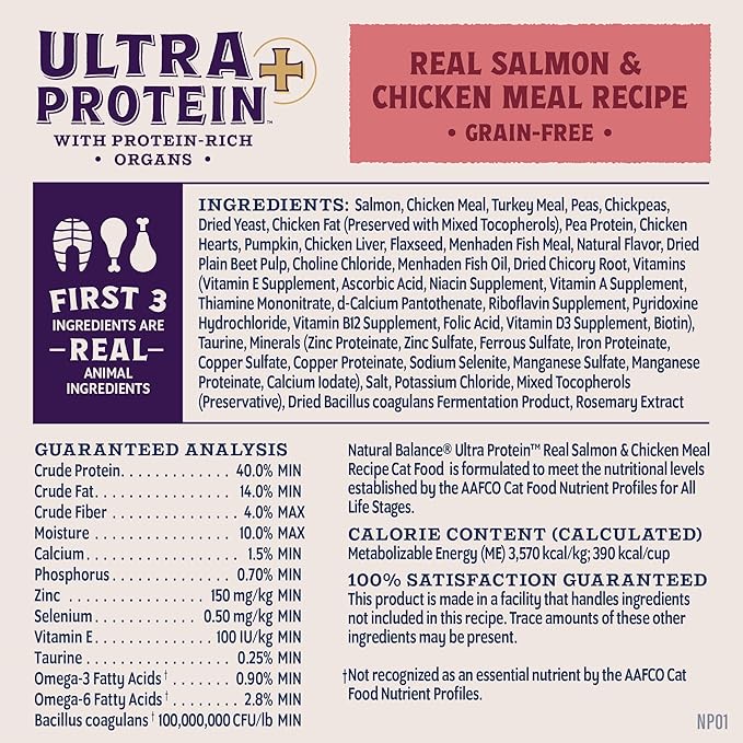 Natural Balance Ultra Protein Plus Dry Cat Food, Skin & Coat and Digestive Health Real Salmon & Chicken Meal Recipe with Chicken Liver & Chicken Heart, High Protein Cat Food for Picky Cats - 5 lbs