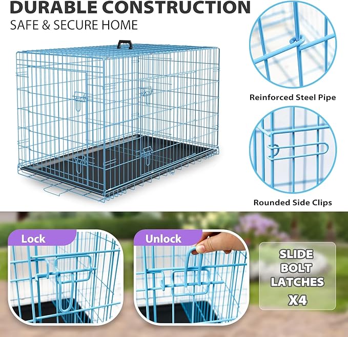 Extra Large Portable Dog Crate - Double-Door Folding Metal Wire Kennel with Removable Tray - Ideal for Medium Sized Dogs, Small Dogs & Travel (Blue, 30")