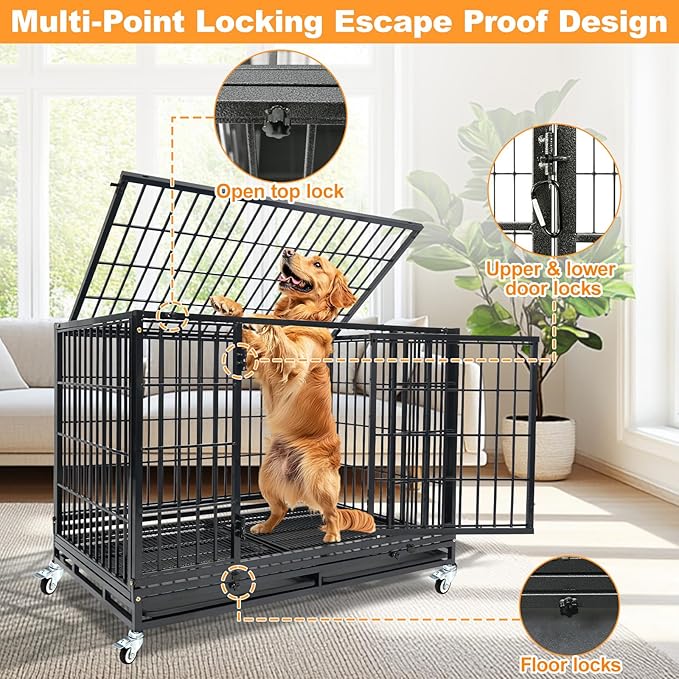 Homey Pet Heavy Duty Dog Crate for Large Dogs, 47 Inch Stackable Large Dog Cage with 4 Wheels, 2 Removable Trays and Grids, Multi Locks Strong & Solid Escape Proof Dog Kennel Indoor